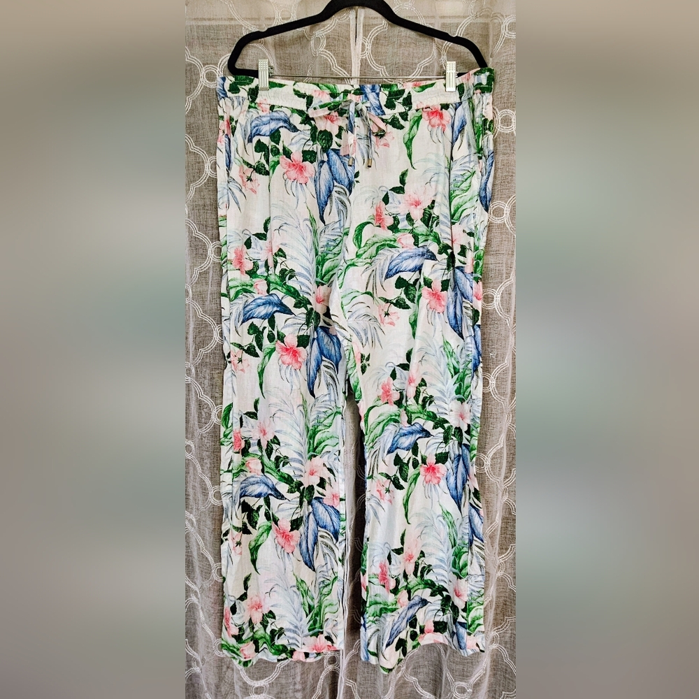 Tommy Bahama 100% Linen Pants with Blue, Green & Pink Floral Print - Size XL